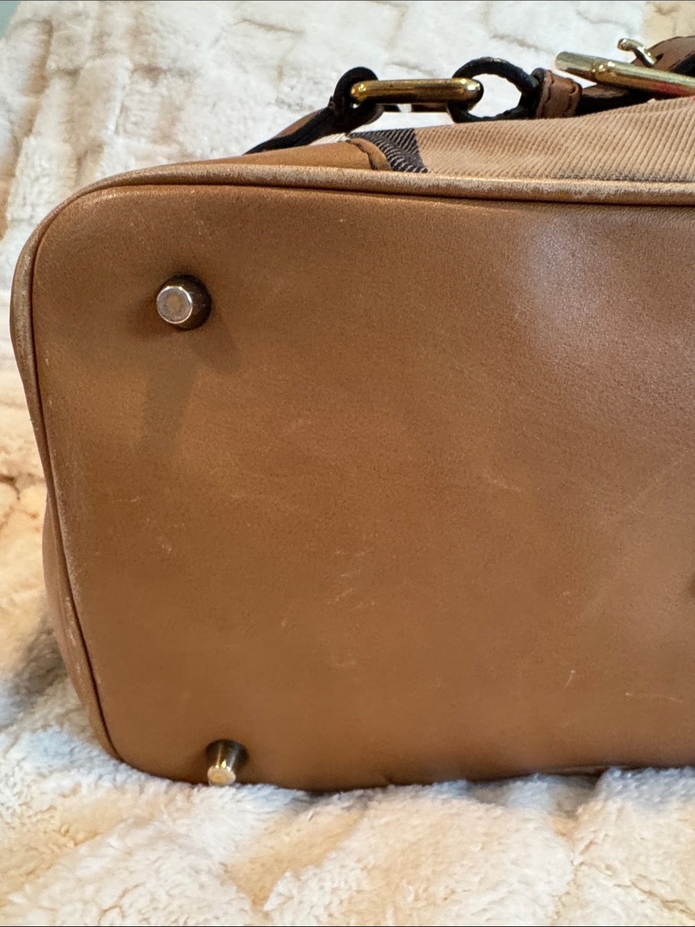 Burberry Beige Plaid and Brown Leather Satchel - Picture 6 of 15